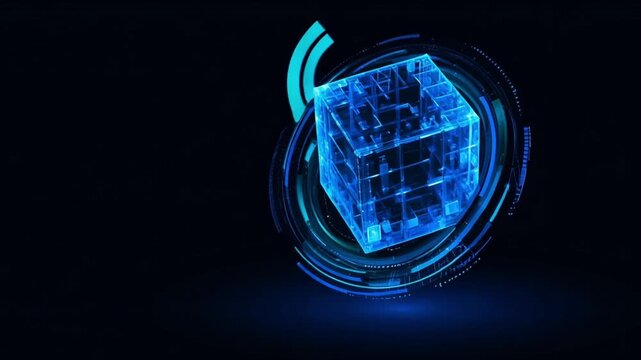 Sleek Abstract Glowing Data Cube Moving Through a Futuristic Holographic Security Ring