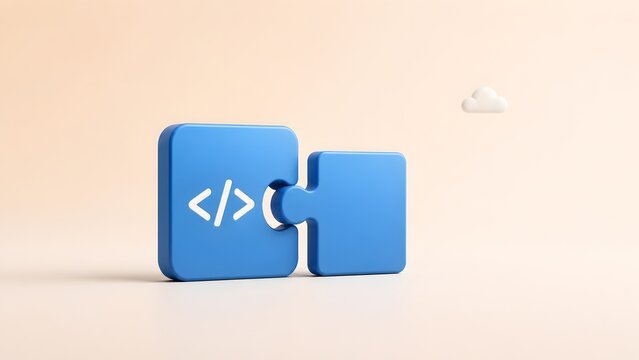Blue 3D puzzle pieces with coding icon connecting to a cloud symbol representing seamless software integration and web application development