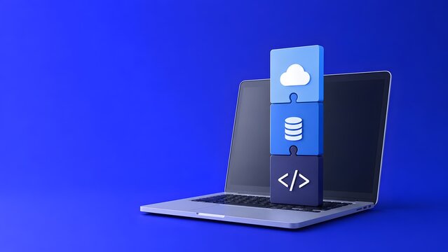 Laptop computer displaying stacked 3D blocks with cloud database and coding icons illustrating software development and IT infrastructure network
