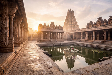 Naklejka premium Sunbeams Streaming Through Ancient Carved Stone Temple Courtyard with Lotus Pond at Dawn