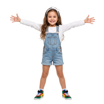 Happy Little Girl Standing with Arms Wide Open, Isolated