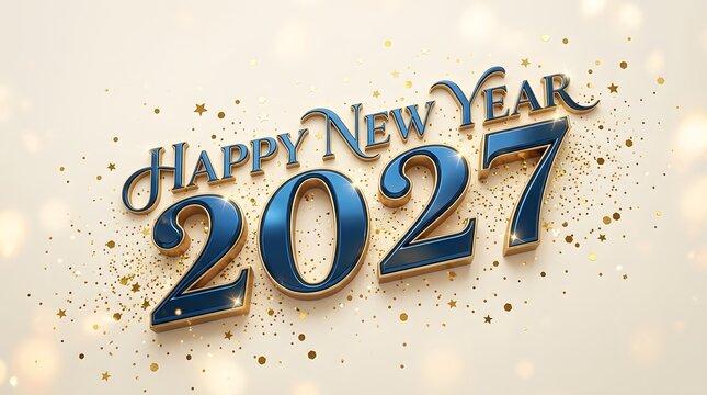 Clean and elegant Happy New Year 2027 horizontal background with 3D metallic blue and gold typography, delicate glitter dust, and soft bokeh lights on a light cream backdrop. Suitable for corporate gr