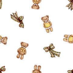 Seamless pattern of bear doll and ribbon hand-drawn on paper with watercolor vintage-style. © Walliya silachan