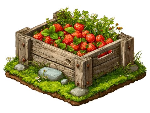 Wooden crate overflowing with ripe strawberries and green leaves on a grassy patch with rocks