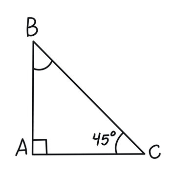 Right triangle geometry diagram with 45 degree angle and labeled vertices for education