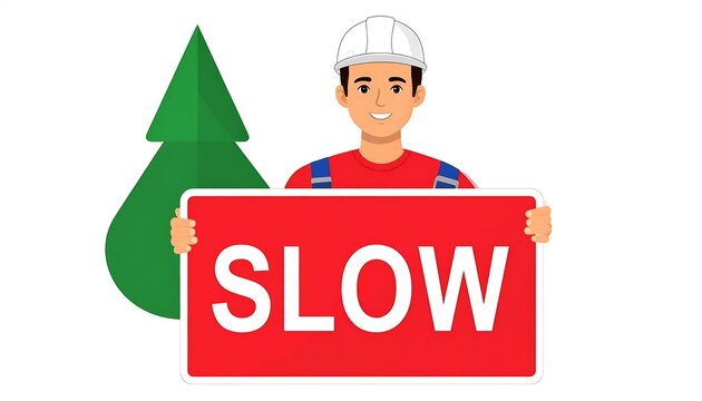 Construction worker holding slow traffic sign outdoors.