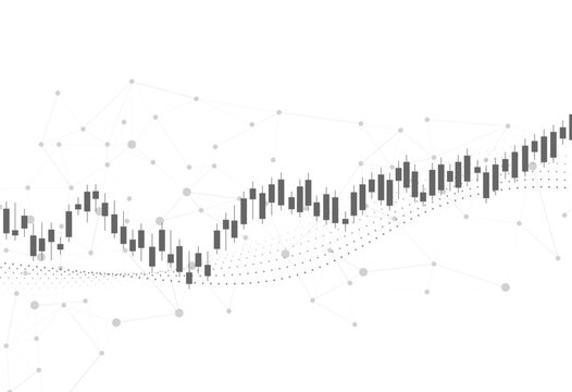 Candlestick financial chart displaying upward market trend with fluctuations, set against an abstract interconnected digital network background, symbolizing data and growth.