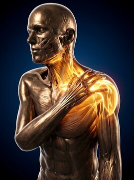 Detailed 3D anatomical illustration of human male torso with glowing shoulder muscles and tendons isolated on dark background