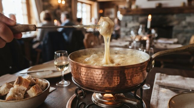 Copper Pot Bubbling Swiss Fondue Single Skewered Bread Cube Dipped Halfway String Cheese Trailing

