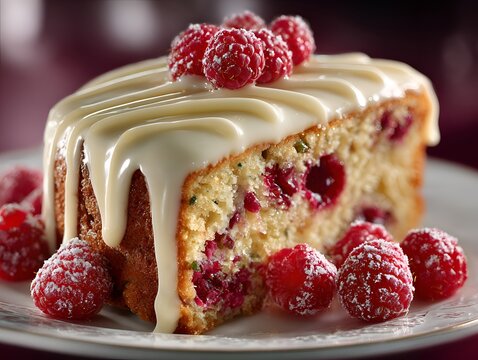 Slice of delicious raspberry cake with white glaze and fresh raspberries on a plate
