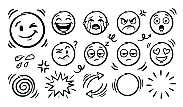 Cartoon emotion doodle set with emoticons comic effects and hand drawn brush strokes