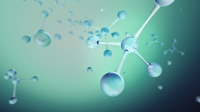 Molecular structure with glass spheres and connecting rods floating in green blue gradient