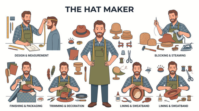 Colorful illustration of a hat maker workshop showing traditional craftsmanship and diverse customer interactions