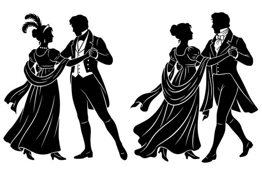 Black silhouettes of Regency‑era couples in elegant gowns and tailcoats dancing. Bold vector artwork symbolizing history, culture, and refined social tradition.