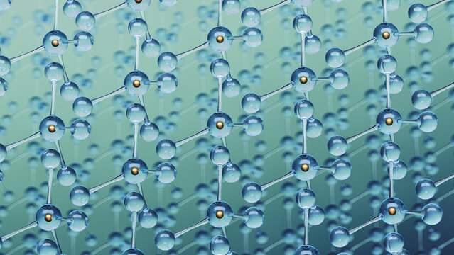 Repeating molecular grid pattern with transparent atoms and golden nucleus points