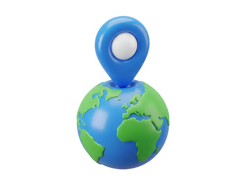 3d render of a blue location pin icon on top of a planet earth globe isolated on transparent background