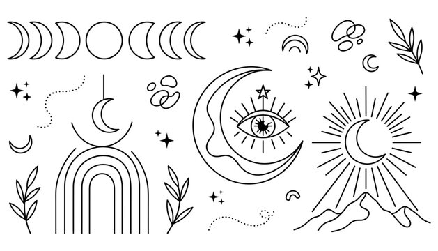 Mystical Celestial Moon Phase Line Art Set with Bohemian Rainbow, Mystic Evil Eye, Mountain Landscape, and Star Symbols for Spiritual Poster Designs