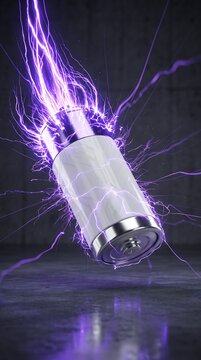 Futuristic plasma energy cell emitting vibrant purple electrical arcs in a dark studio setting with dynamic motion