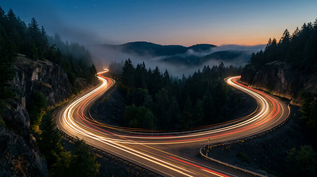 Elevated long exposure view of vehicles creating vibrant, light ,trails on a winding mountain road at dusk.
