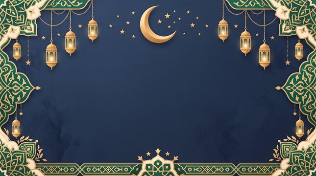 Elegant blue islamic background with glowing lanterns crescent moon and green ornamental border