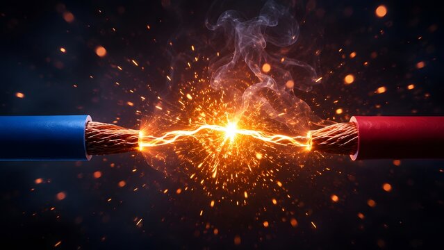 Two exposed electrical wires creating a bright spark and smoke. Concept of electrical short circuit, high voltage danger, and powerful energy connection.