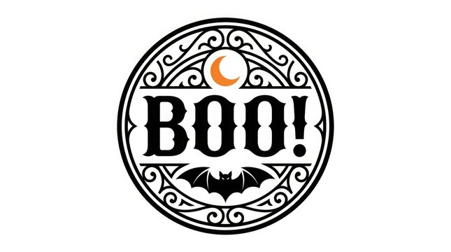 Spooky halloween boo vector badge with moon and bat