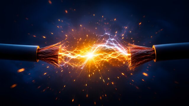 Intense electrical arc between two broken copper wires with flying sparks. Concept of high voltage power surge and dangerous electrical connection.