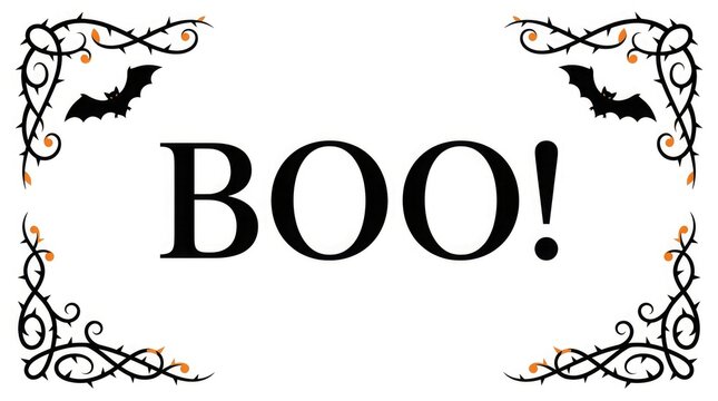Spooky halloween boo text with bat and thorn design