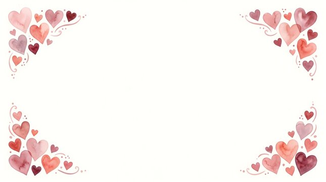 Watercolor heart corner border frame isolated on white background with watercolor, valentines