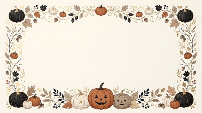 Autumn harvest pumpkin border frame with decorative leaves and foliage pumpkins thanksgiving
