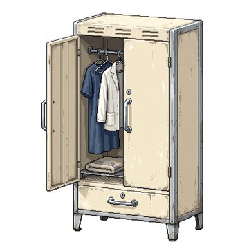 Vintage wooden wardrobe with open doors displaying clothing and storage space