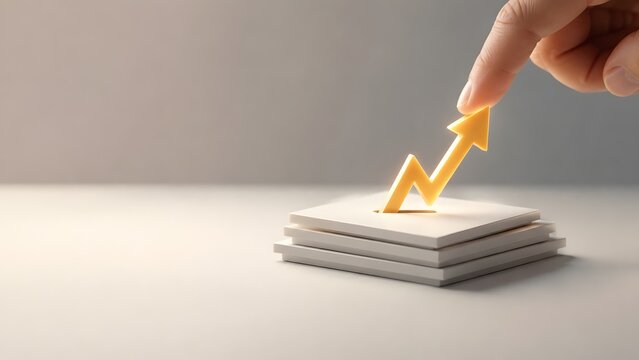 Hand Placing Golden Upward Arrow on Stacked Tiles Symbolizing Strategic Investment and Business Growth