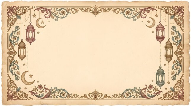 Vintage frame with islamic lanterns and celestial ornaments on parchment paper lanterns parchment