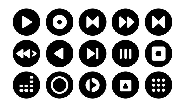Circular black and white media player button icons set with essential playback and navigation controls.