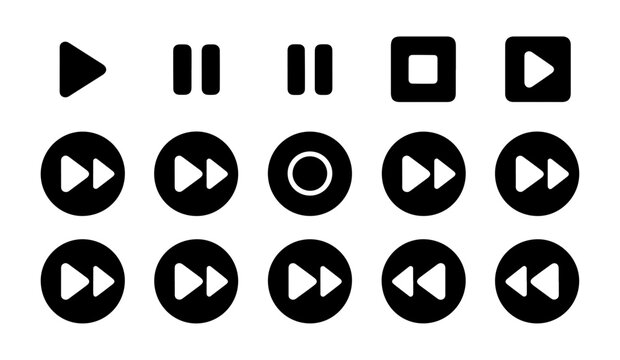 Comprehensive set of black media player icons including play pause stop and fast forward button variations.
