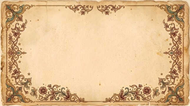 Vintage ornamental floral border frame on distressed parchment paper background with ornamental