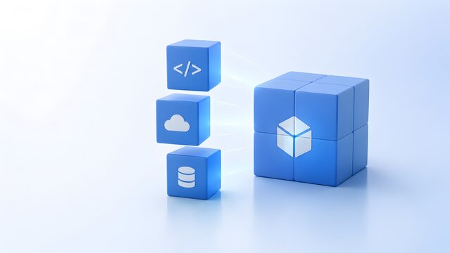3D blue modular blocks representing software architecture tech stack with coding cloud computing and database server icons on light background