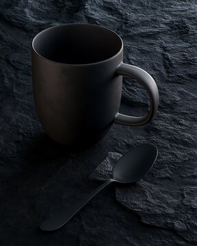 black coffee cup and spoon on dark stone background