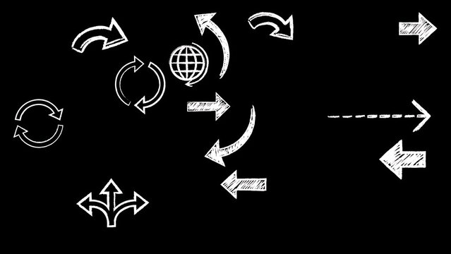 Set of hand drawn chalk arrow icons and globe symbols on black background