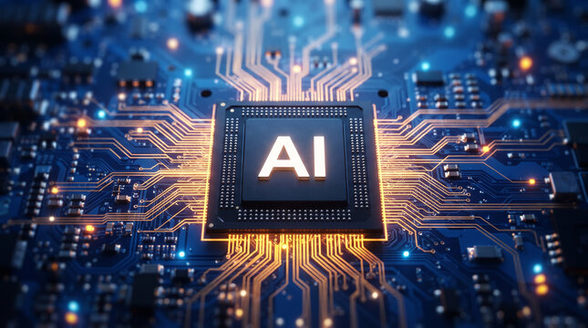 Conceptual illustration of an artificial intelligence processor chip on a blue circuit board with glowing golden data pathways