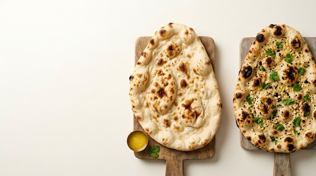 Freshly baked naan bread with garlic and herbs on wooden boards