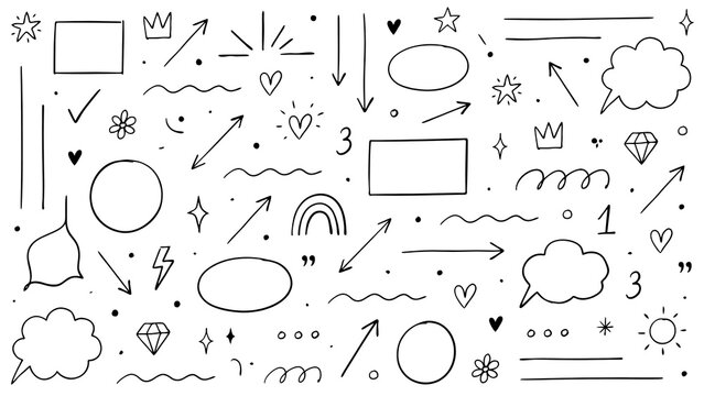 Set of hand-drawn doodle design elements with arrows and speech bubbles