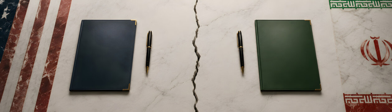 Negotiation impasse depicted with two folders and pens on cracked surface, symbolizing conflict between nations