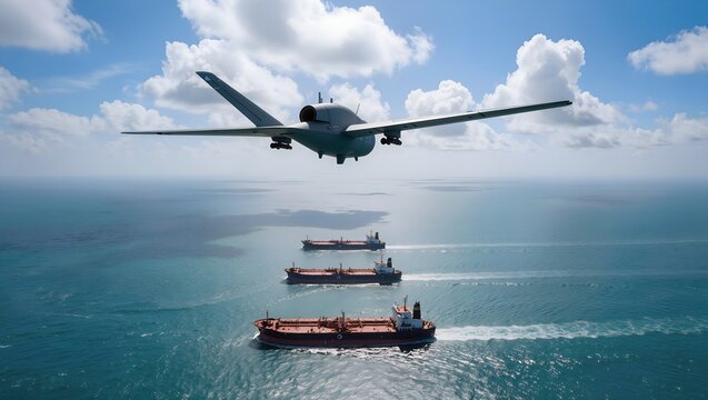 Military Surveillance Drone Flying High Above Formation of Three Oil Tankers in Strait of Hormuz