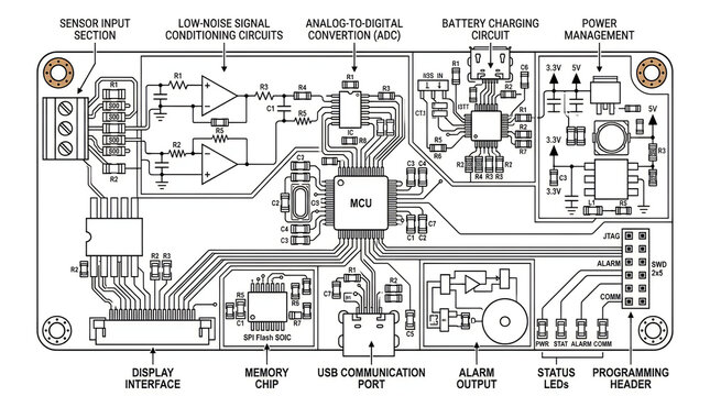 Technical schematic diagram of an electronic printed circuit board