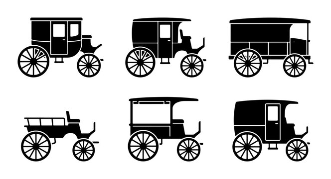 Vintage Horse Drawn Carriage Icons, Old Fashioned Transport Vector Set, Classic Vehicle Silhouettes
