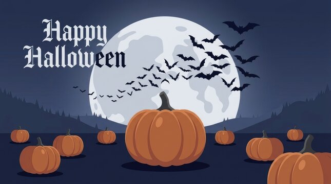 Happy halloween text greeting with a large pumpkin in the foreground, many smaller pumpkins, a giant full moon, and a flock of bats in the sky