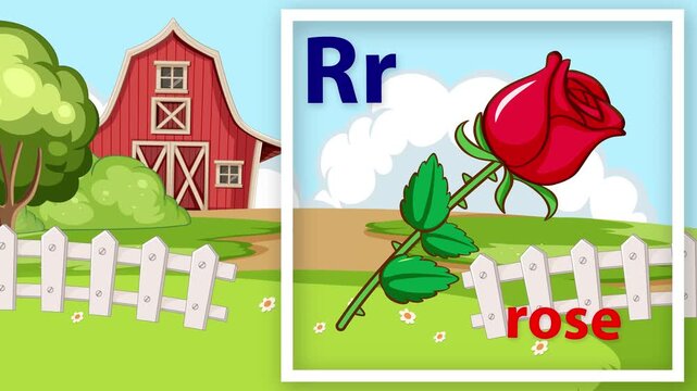 Educational Alphabet Animation Featuring Letter R and Red Rose on Farm
