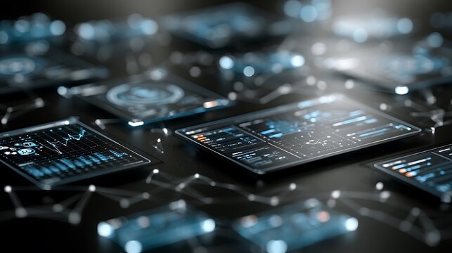 Futuristic digital screens with data visualization and connections