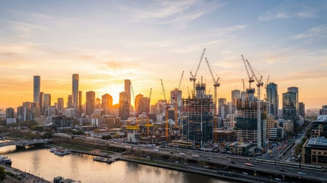 A vibrant cityscape at sunrise dominates the frame, showcasing a modern skyline with numerous construction cranes actively building new skyscrapers.